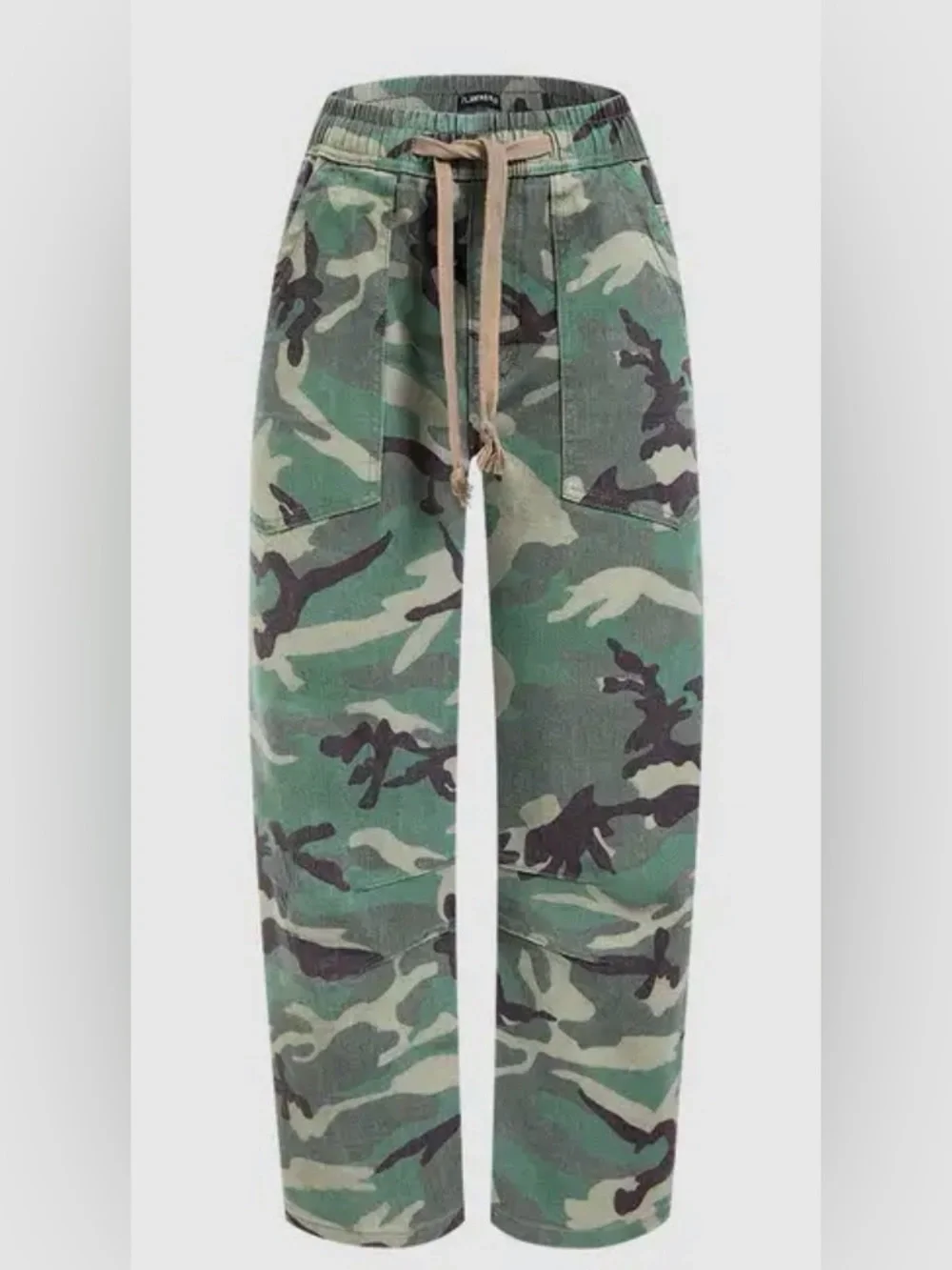 Flamingal Camo Drawstring Mid Waist Barrel Leg Crop Pants